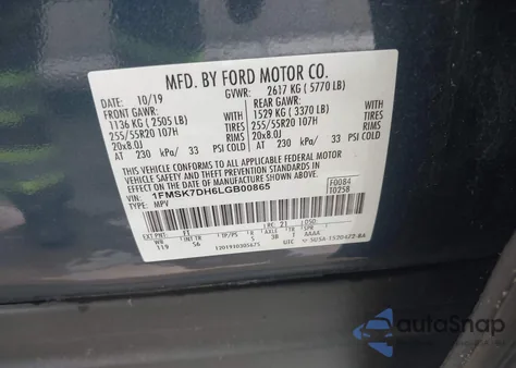 2020 Ford Explorer Xlt из США, поврежденный, VIN 1FMSK7DH6LGB00865